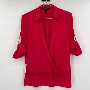 BCBGMaxAzria Gisella High- Low Ruby Red Tab Roll Sleeve Shirt/Blouse  XXS NWT